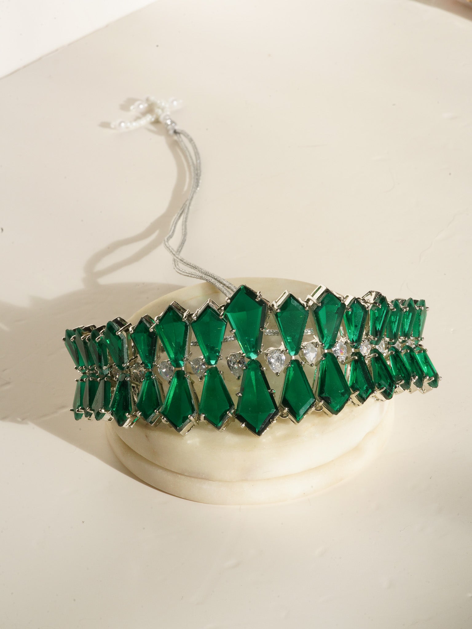 Ashma - Multilayer Rhodium Plated Silver Finish & Emerald Green Bridal Set