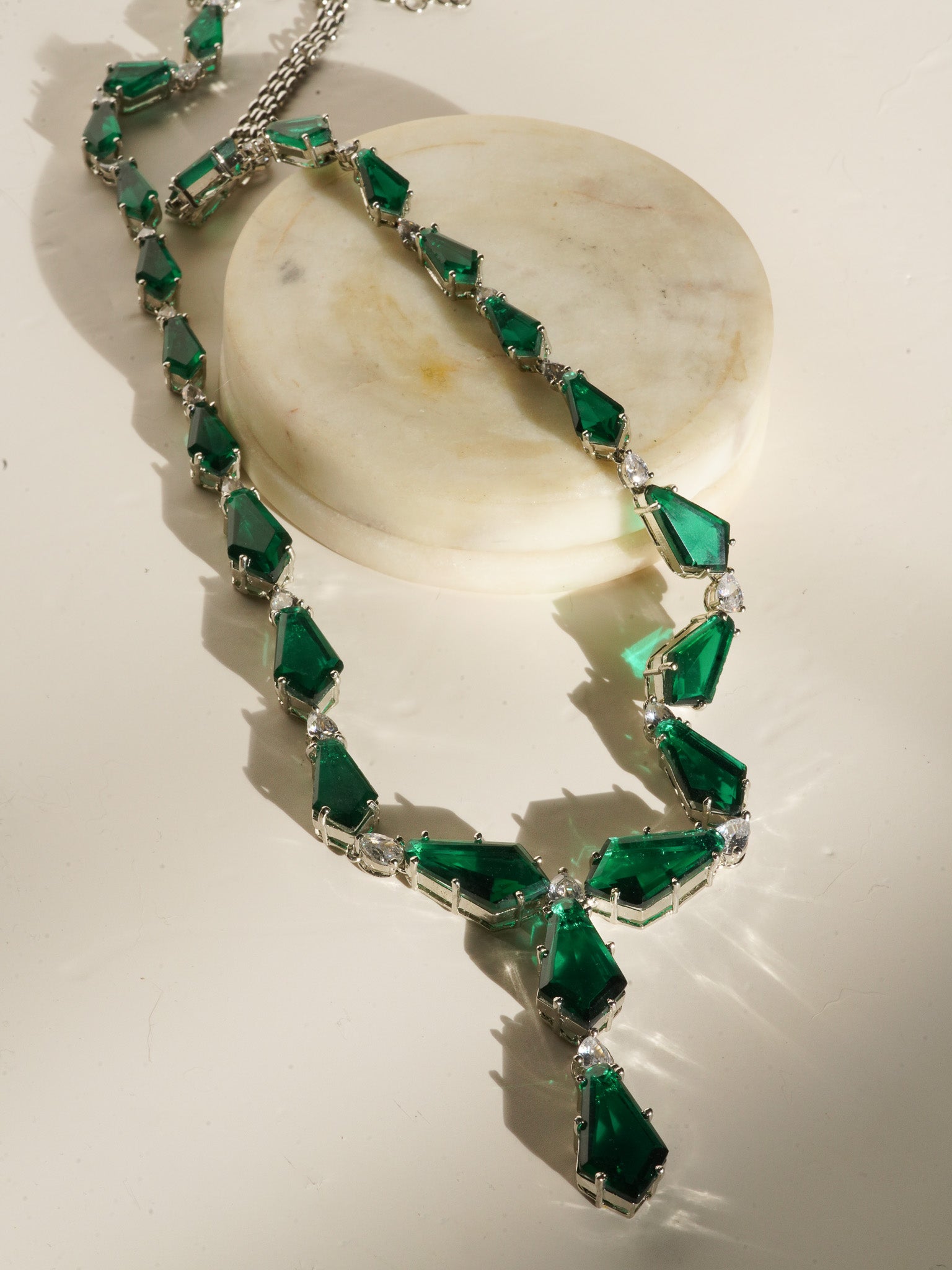 Ashma - Multilayer Rhodium Plated Silver Finish & Emerald Green Bridal Set