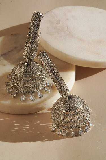 Rhodium AD Stone Hoop Jhumka Earrings – 3.5 Inches, Screw-In | Elham