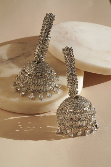 Elham - Rhodium Plated Hoop Style Dangling AD Jhumka Earrings