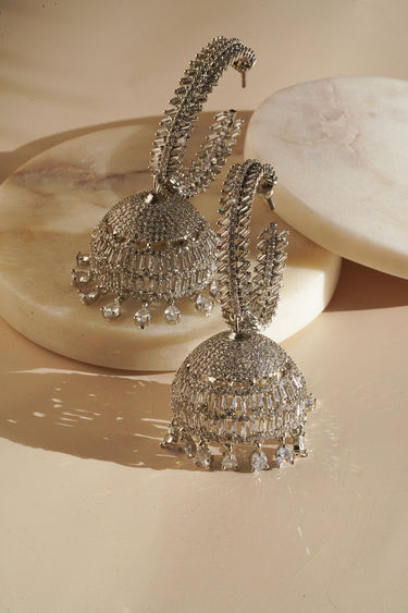 Elham - Rhodium Plated Hoop Style Dangling AD Jhumka Earrings