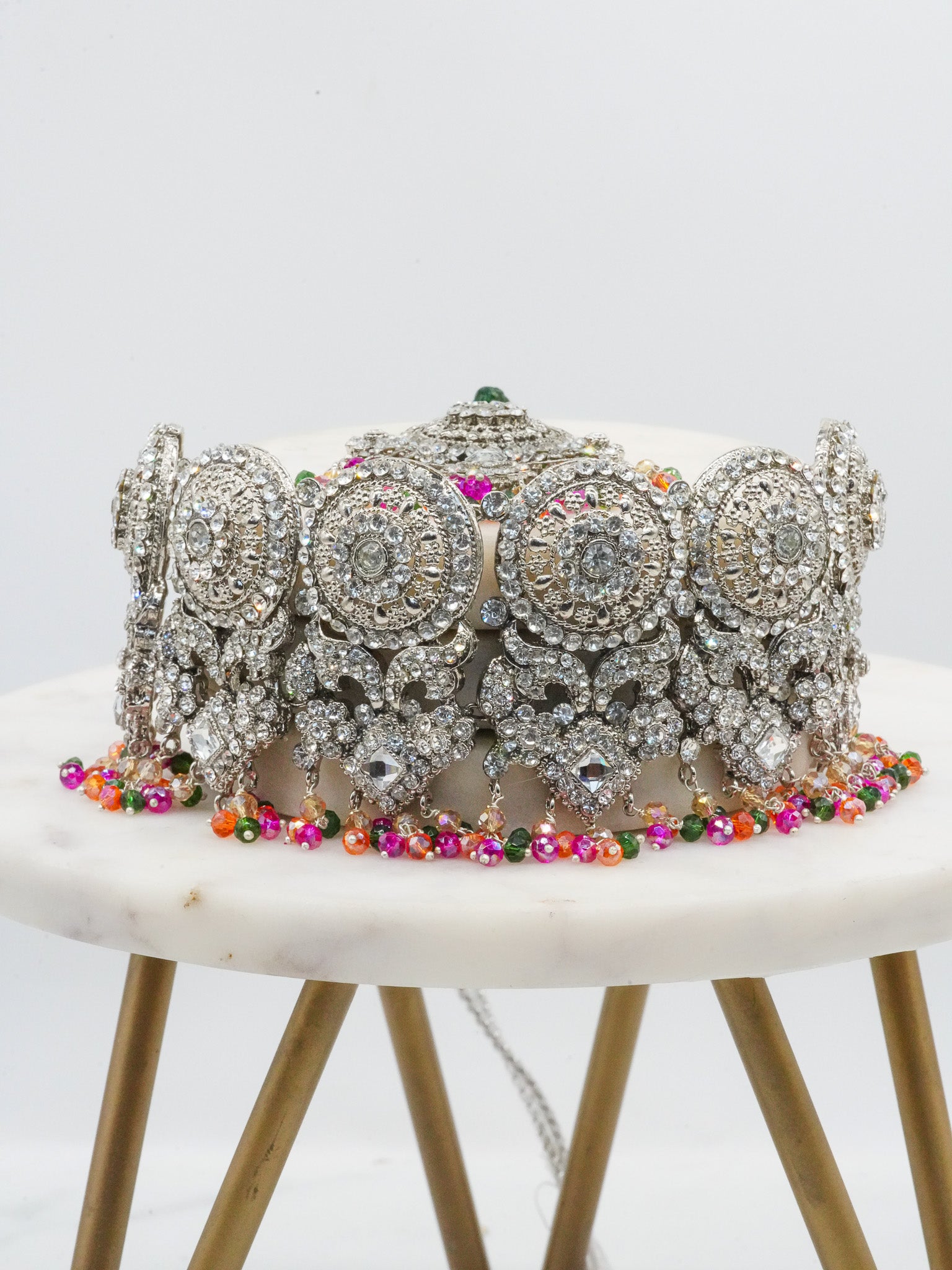 Close-up of silver Namar Choker Necklace Set with multicolor beads and intricate CZ stone detailing.