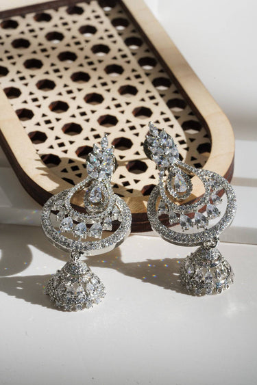 Close-up of Dainty Rhodium-Plated Chandbali Jhumkis