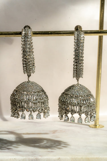 Elham - Rhodium Plated Hoop Style Dangling AD Jhumka Earrings