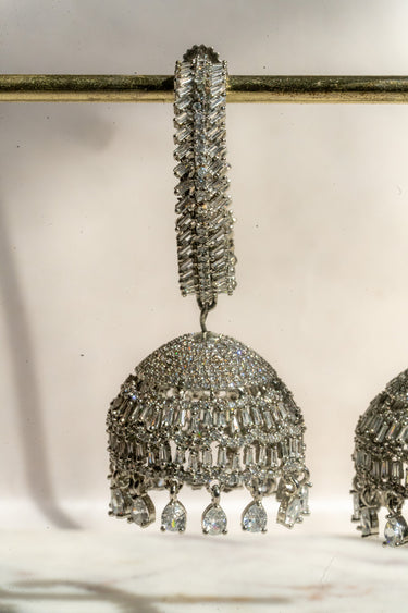 Elham - Rhodium Plated Hoop Style Dangling AD Jhumka Earrings