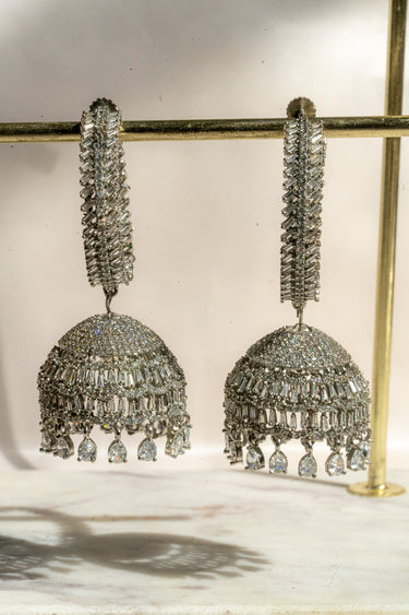 Elham - Rhodium Plated Hoop Style Dangling AD Jhumka Earrings