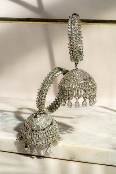 Elham - Rhodium Plated Hoop Style Dangling AD Jhumka Earrings