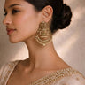 Model wearing Inaury's Antique gold chandbali earrings with reverse AD stones and pearl accents – Falak by Inaury