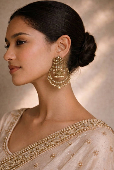 Model wearing Inaury's Antique gold chandbali earrings with reverse AD stones and pearl accents – Falak by Inaury
