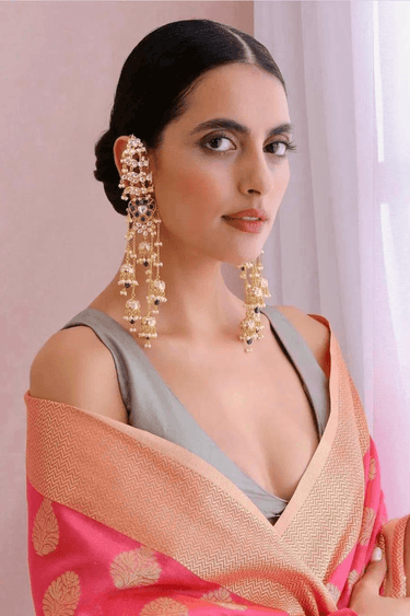 Gold-plated long jhumka earrings with moissanite polki stones, pearls, and green enamel - Indian earrings from Inaury
