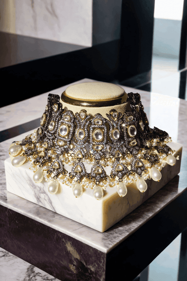 Esha Black & Gold Kundan Choker Set with Freshwater Pearls