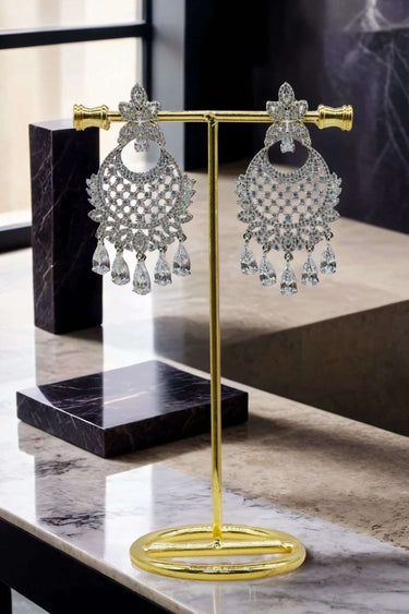 White AD Stone Chandbali Earrings Gold Rhodium Plated - Siya