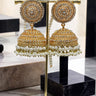 Gold Tabiha Jhumka Earrings with pearl detailing, part of the handcrafted Pakistani jewelry set for festive occasions.