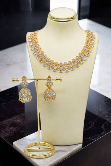 South Asian Zeba AD Diamante Necklace Set with Jhumka Earrings in gold and rhodium finish