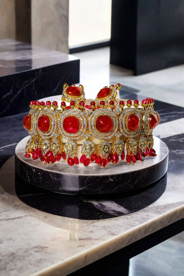 Sweta Choker Set - Diamante Necklace in bold red design, highlighting layered craftsmanship and luxurious finish.