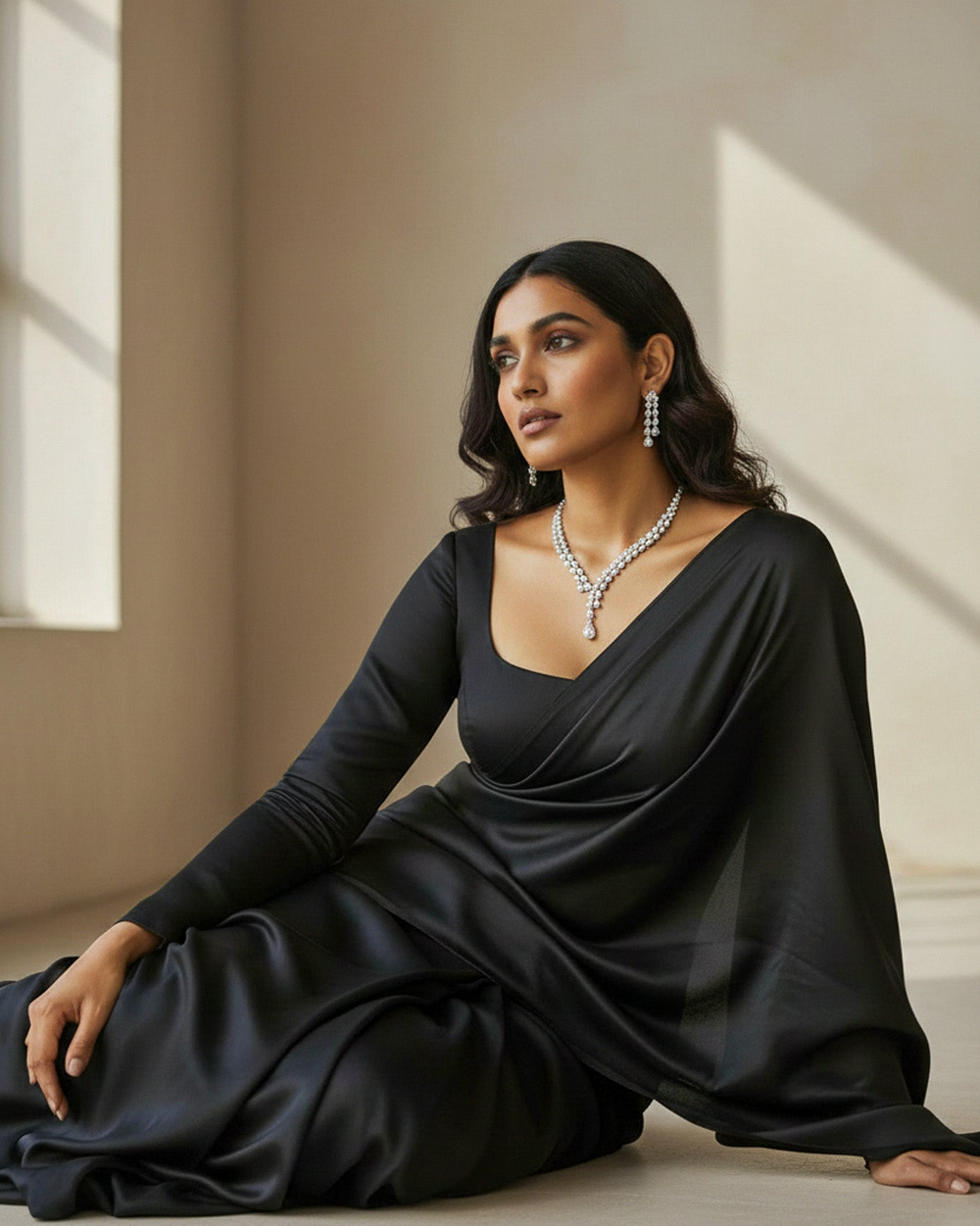 Woman in a black dress sitting on the floor with jewelry on, in a softly lit room.