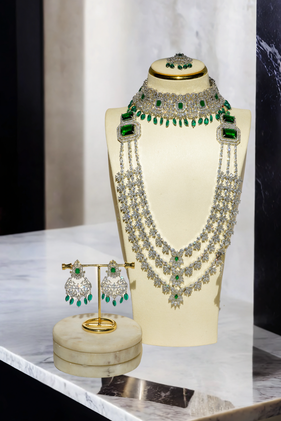 Irma Bridal Set - Rhodium Plated with Emerald Green Stones