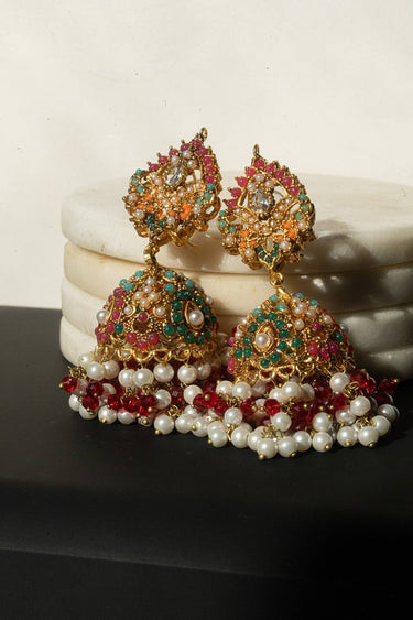 Juhi matte gold plated multicolor jhumka earrings with zircon stones