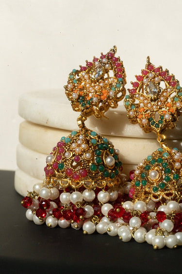 Juhi matte gold plated multicolor jhumka earrings with zircon stones