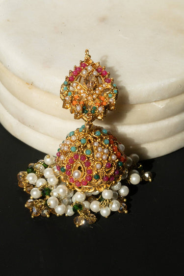 Juhi matte gold plated multicolor jhumka earrings with zircon stones