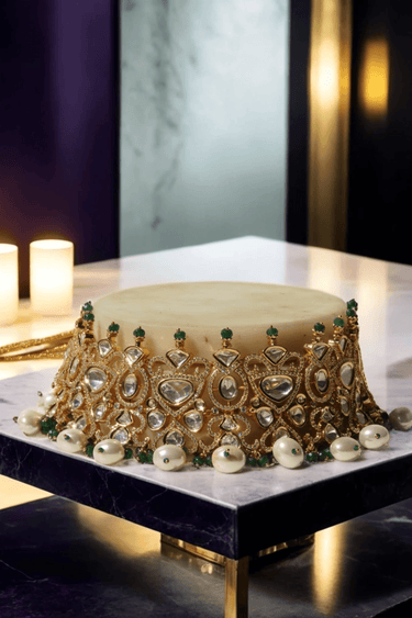 Kainat bridal choker necklace set with moissanite polki stones, green and pearl accents, and matching earrings