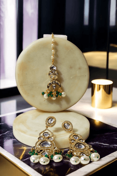 Kainat bridal choker necklace set with moissanite polki stones, green and pearl accents, and matching earrings