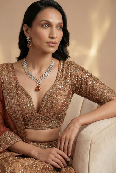 Mahnaz Diamante Lariat Necklace Set with amber stones