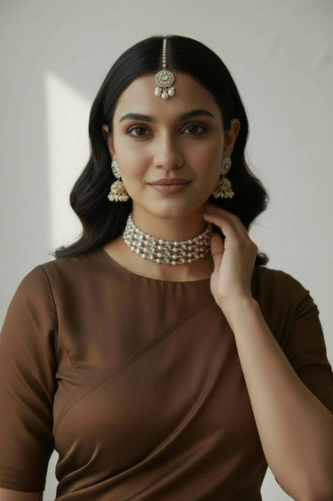 Model wearing Inaury Manisha Pearl Choker Necklace Set — gold-plated statement choker necklace set with earrings and pearl drops for desi wedding jewelry