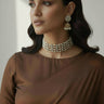 Model wearing Inaury Manisha Pearl Choker Necklace Set — gold-plated statement choker necklace set with earrings and pearl drops for desi wedding jewelry