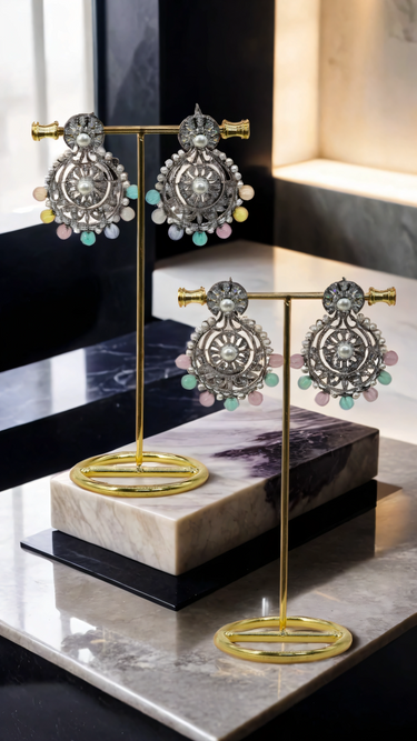 Elegant Navya Black Plated Chandbali Earrings featuring intricate design and pastel beads, displayed on marble surface for jewelry showcase.