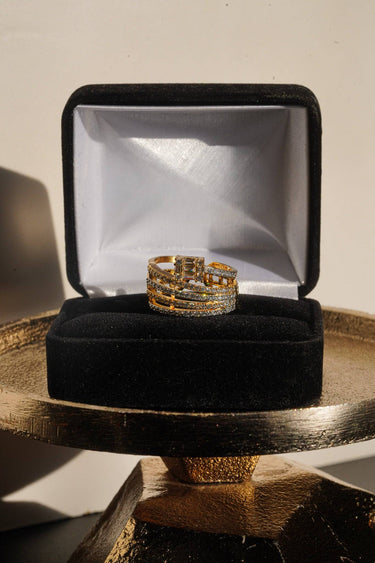 Inaury Nina gold-plated multirow adjustable AD ring with white diamante stones displayed on black velvet gift box – South Asian jewelry