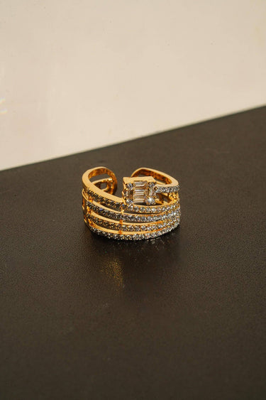 Inaury Nina multirow adjustable AD ring in gold plating with white diamante stones and cushion cut center stone – South Asian jewelry