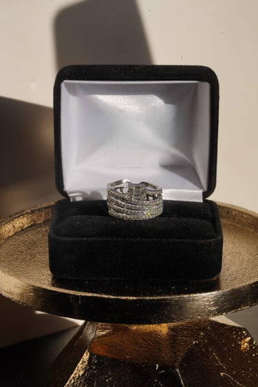 Inaury Nina multirow adjustable AD ring in rhodium plating with white diamante stones and cushion cut center stone – South Asian jewelry