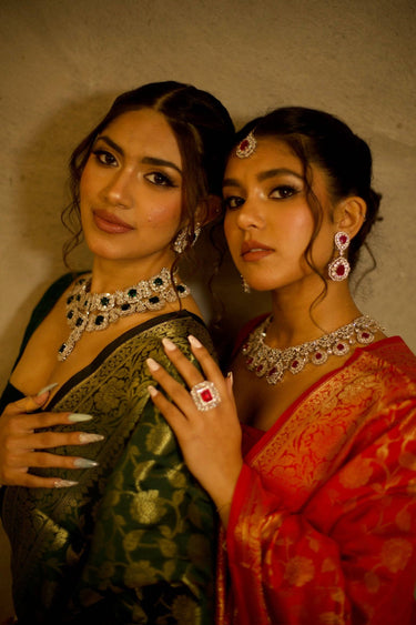 Tinzina Wide Diamante Necklace Set worn by two models