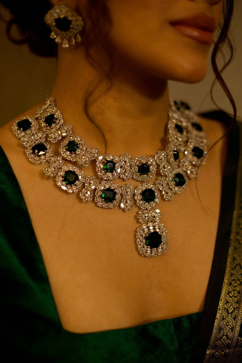 Tinzina Wide Diamante AD Necklace Set - Emerald Green & Rhodium (Pre-Order)