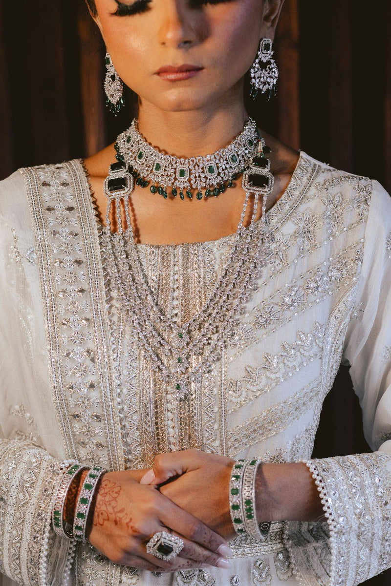 Irma Bridal Set: Rhodium AD & Emerald Green Choker, Haar & Maang Tikka (Pre-Order)
