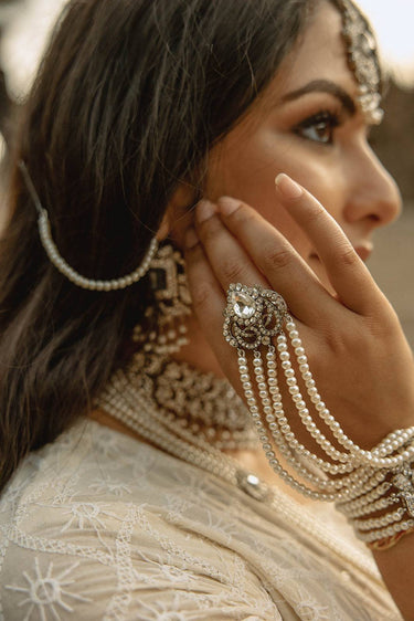 Close-up of Sanzida Bridal Set with pearl details