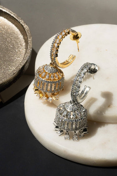 AD Stone Birdcage Hoop Jhumka Earrings Gold Rhodium - Parisa