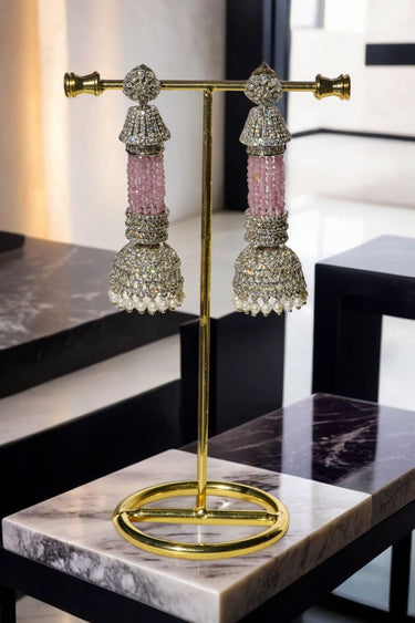 Riya Tassel AD Chandelier Earrings with Jhumkas in pink, green, and light green with AD stones and diamante accents