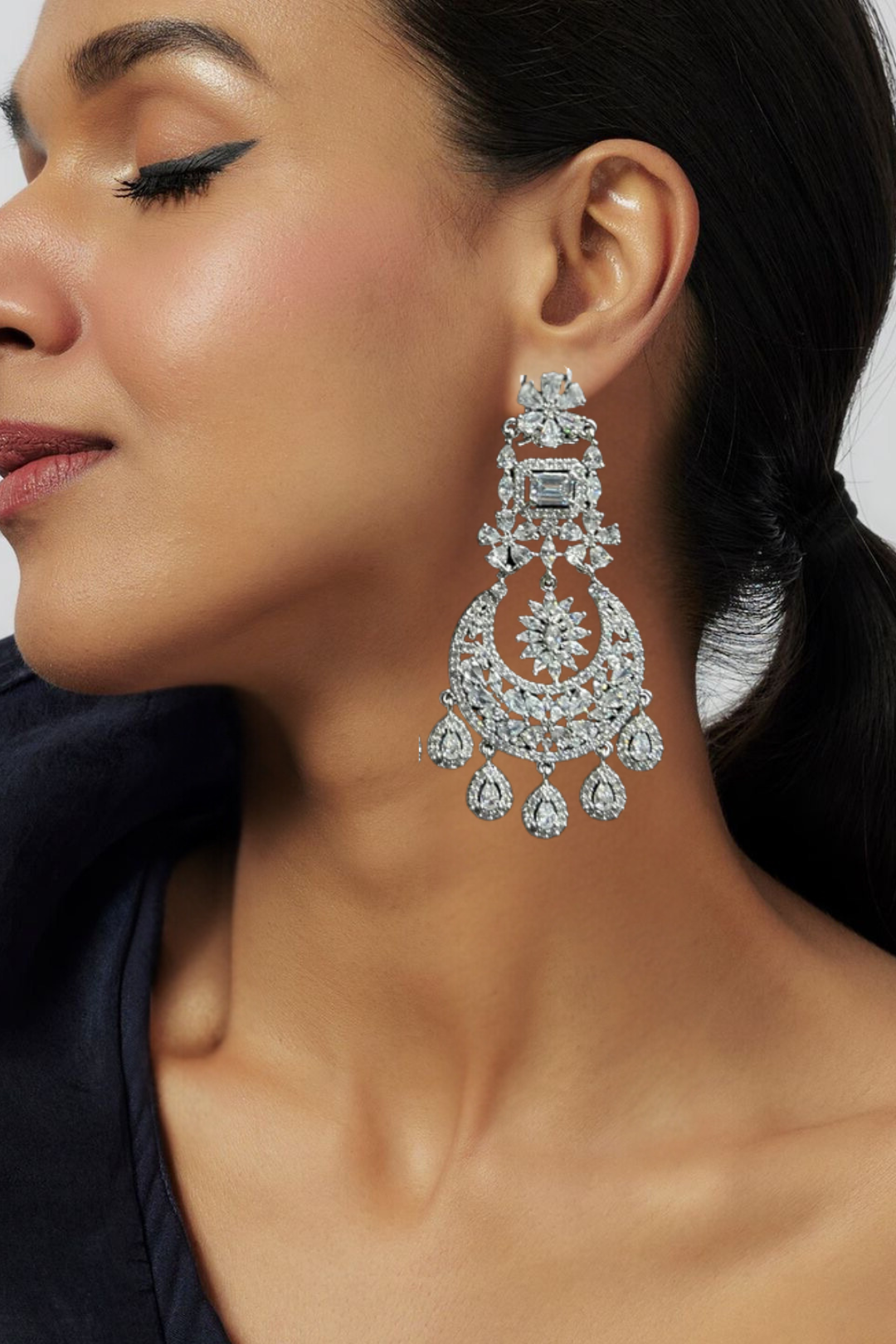 Samina chandelier earrings, rhodium-plated, white pavé stones, crescent design with teardrop charms, Indian jewelry