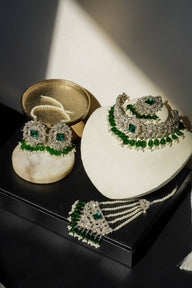 Wedding & Festive Choker Necklace Set with Maang Tikka & Earrings – Gold & Silver | Sana