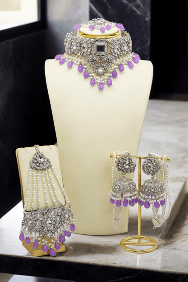 Sareena Mirror Choker Set - Zircon & Pearl in lavender, featuring choker, earrings, and headpiece for formal and bridal jewelry sets.
