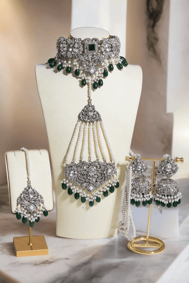Sareena Mirror Choker Set - Zircon & Pearl in green with silver plating, featuring choker, earrings, and headpiece for bridal jewelry sets.
