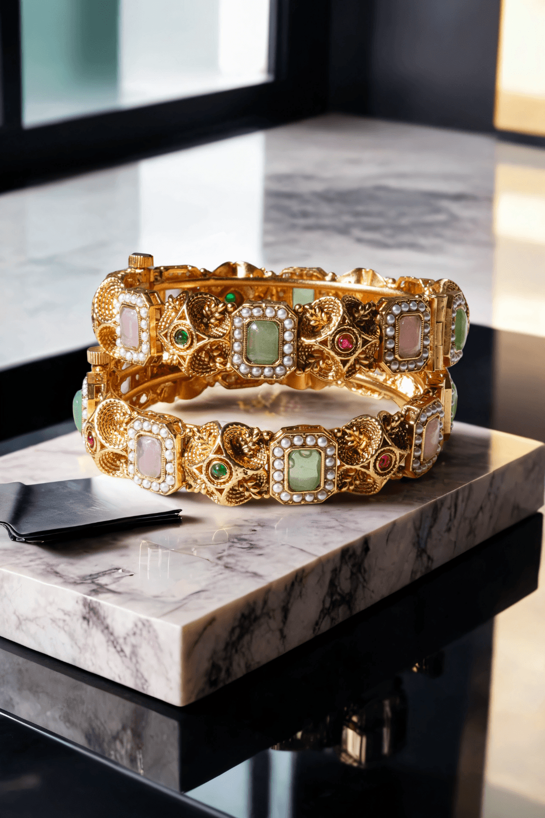 Set of matte gold South Asian bangles with pastel stones and faux pearl detailing from Inaury