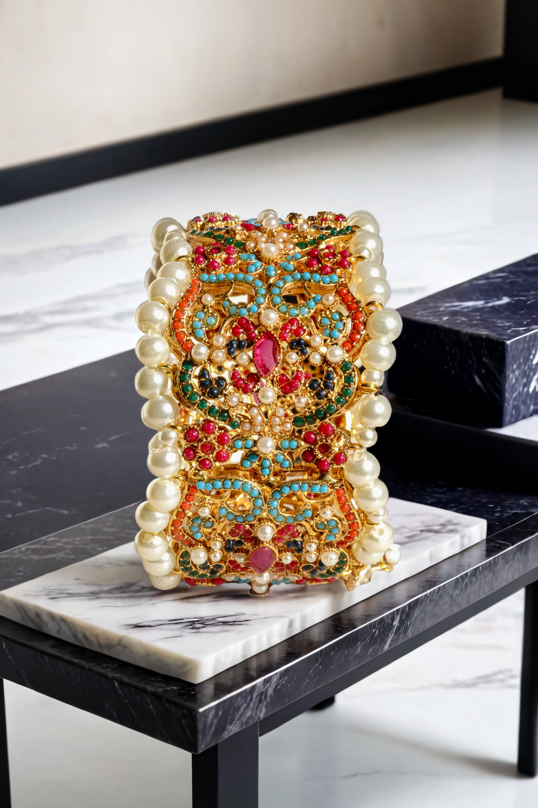 Shama gold-plated statement bangle with multicolor gemstones and pearl accents