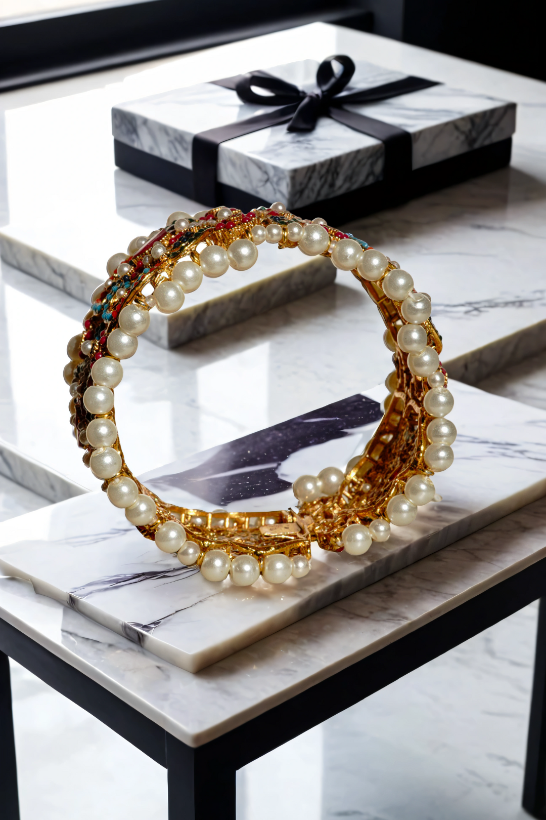 Shama gold-plated statement bangle with multicolor gemstones and pearl accents