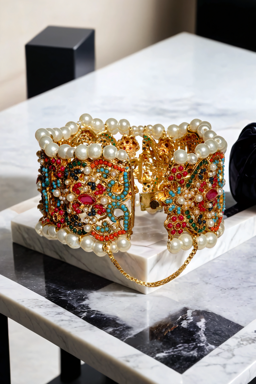 Shama gold-plated statement bangle with multicolor gemstones and pearl accents