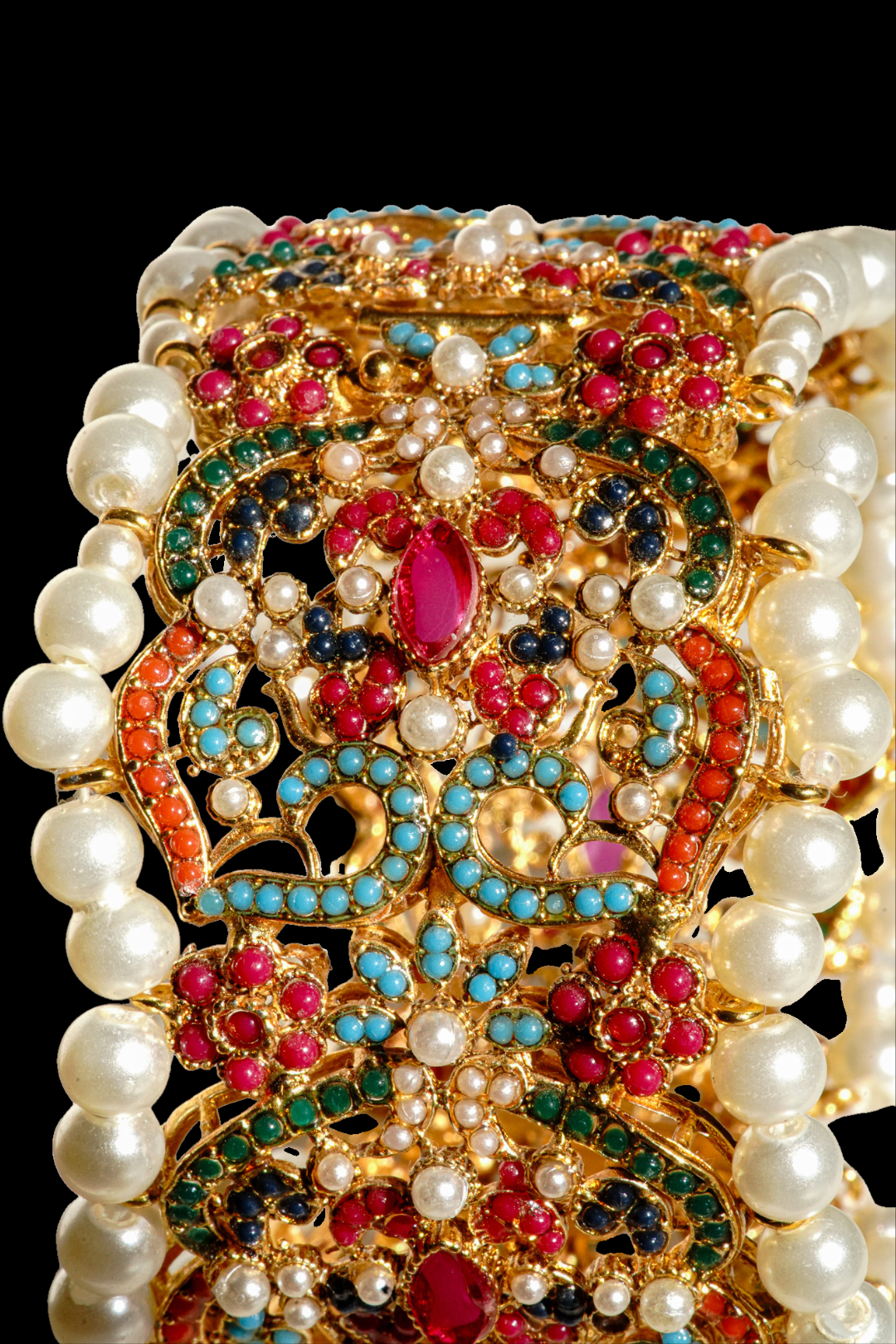 Shama gold-plated statement bangle with multicolor gemstones and pearl accents
