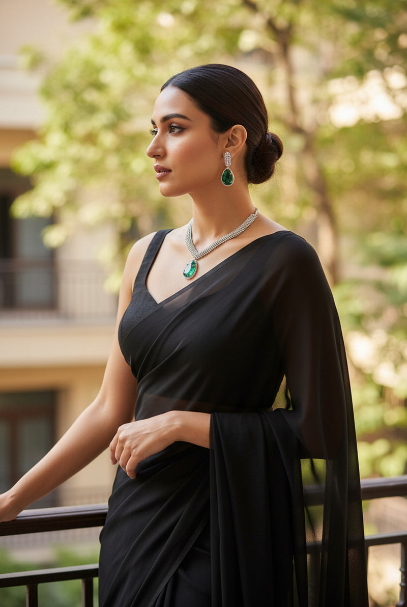 Silver-toned pave diamante V-necklace with emerald green pendant and earring set - South Asian jewelry - Inaury