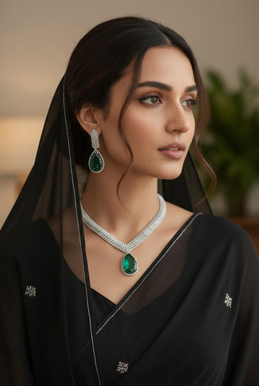 Silver-toned diamante necklace with emerald green teardrop pendant and matching earrings - South Asian jewelry - Inaury
